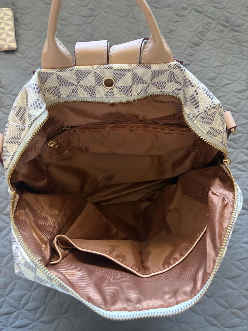 Beige Geometric Women's Backpack Purse with Matching Pouch - Contemporary Style